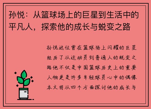 孙悦：从篮球场上的巨星到生活中的平凡人，探索他的成长与蜕变之路
